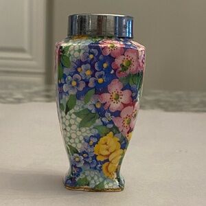 ANTIQUE MADE IN ENGLAND HAND PAINTED VASE WITH SILVER NECK AND GOLD AT BASE